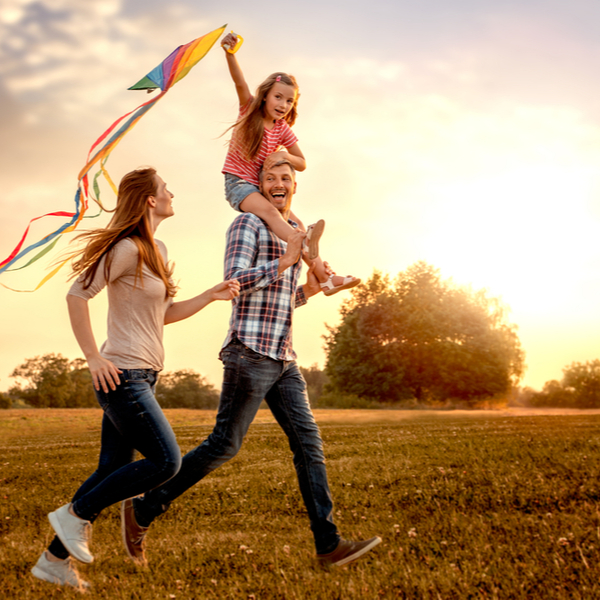 A family in a field with a kite.