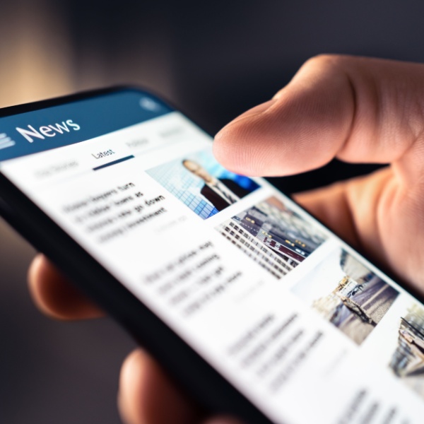 A person looking at a news feed on their phone.
