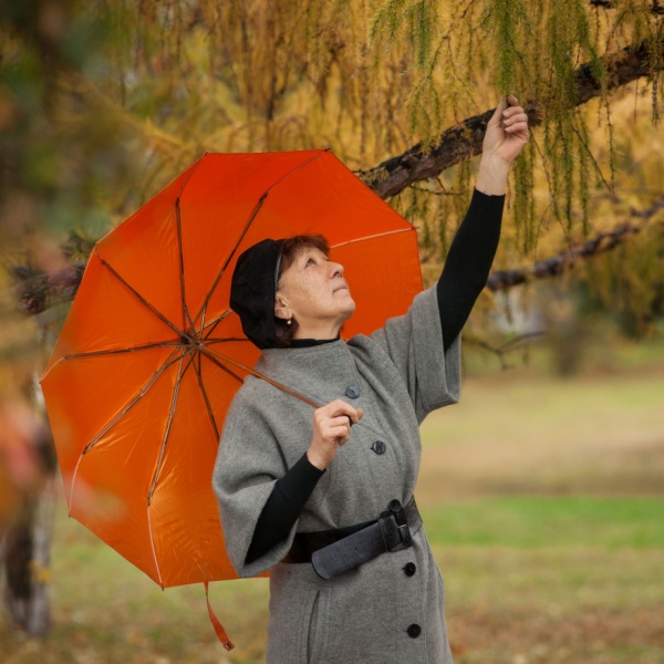 A woman under an umbrella.
