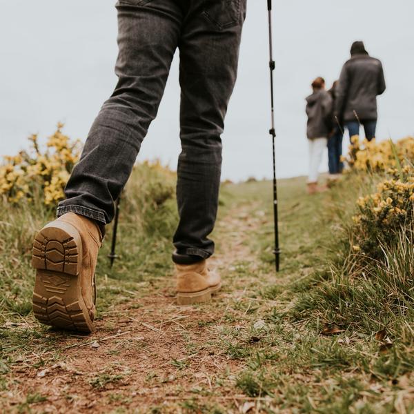 A group of people walking along a hiking trail.