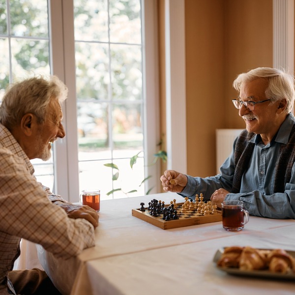 Two men playing chess at home.