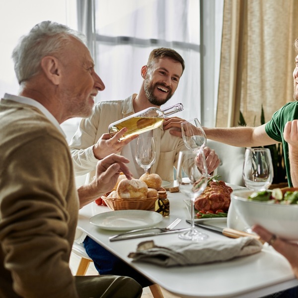 A family having dinner together.